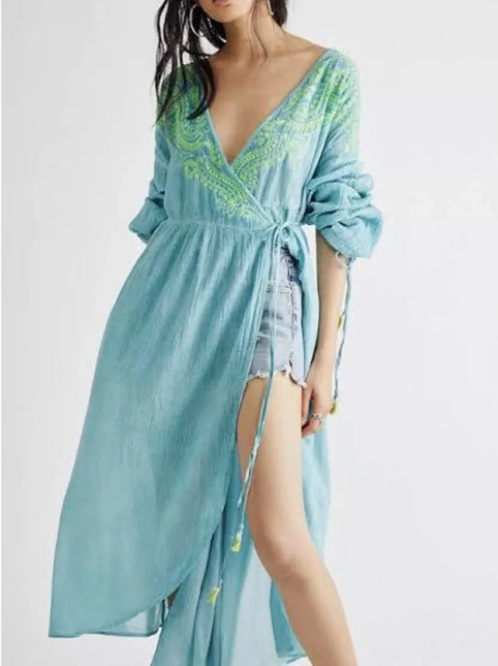 Free People Well Hello There Wrap Dress Beach Cover up Embroidered NWOT